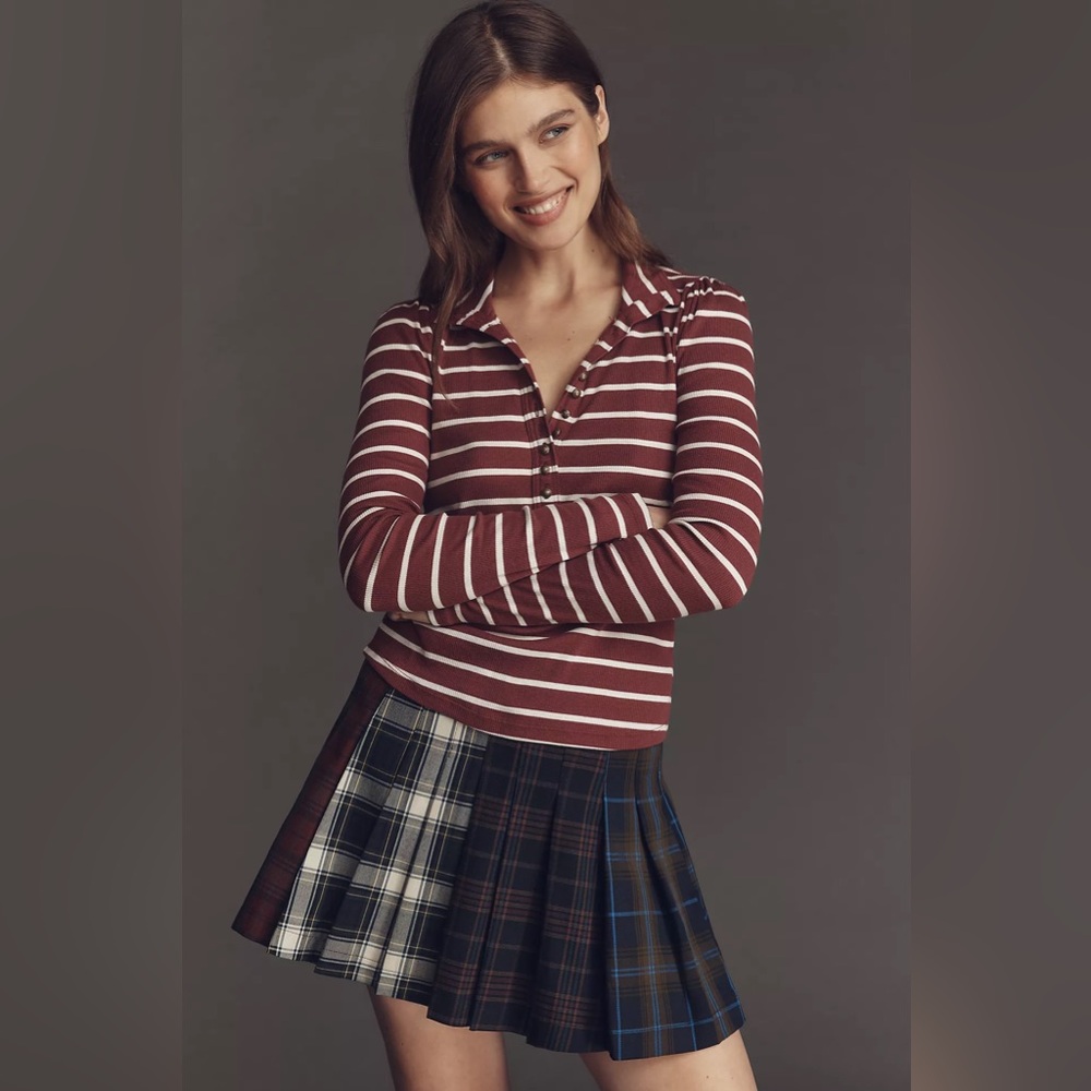 Pilcro Slim Buttondown Long-Sleeve Top in Maroon Wide Stripe